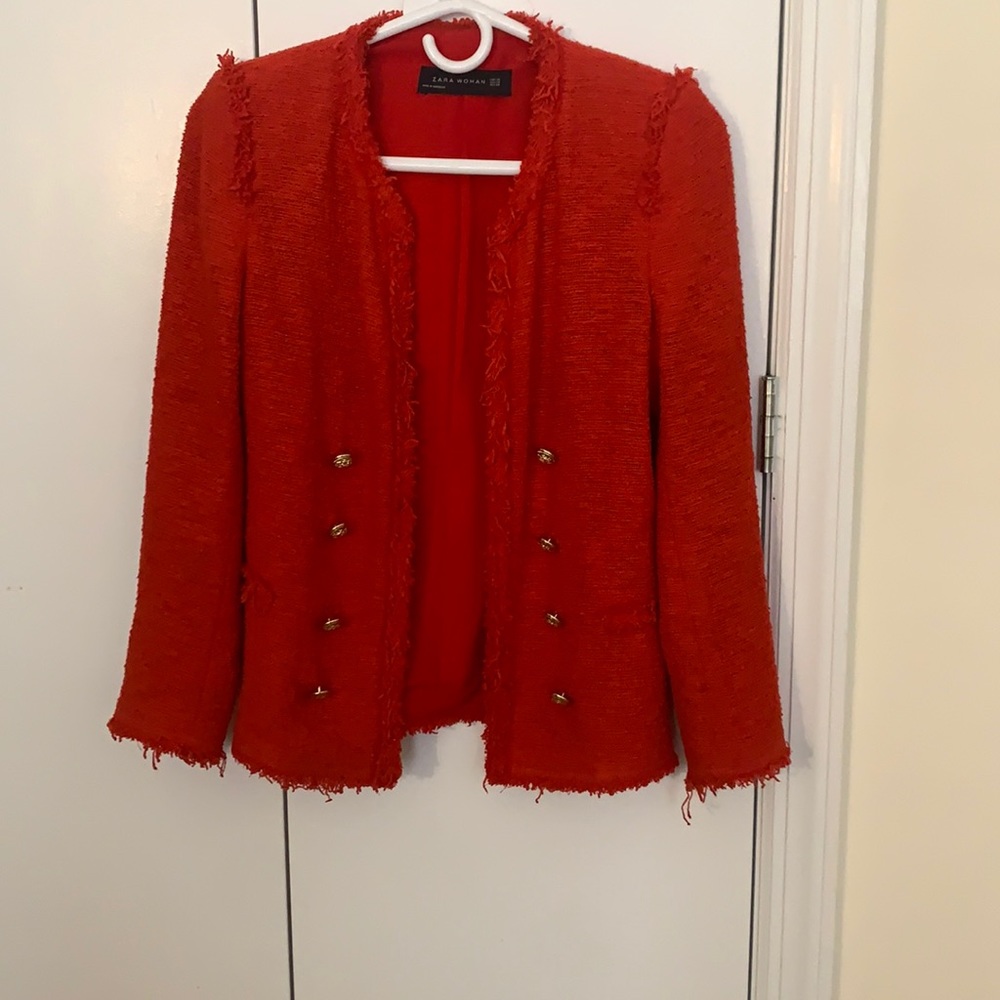 Zara Red Tweed Light Jacket with Gold Buttons Metallic